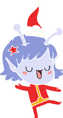 happy alien girl flat color illustration of a wearing santa hat