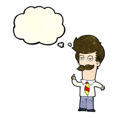 cartoon man with mustache explaining with thought bubble