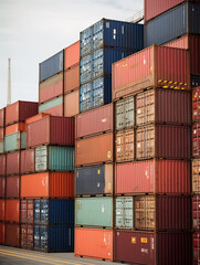 Fototapeta premium Stack of containers cargo ship in harbor port, international global shipping, business commercial dock and transportation. Generative AI