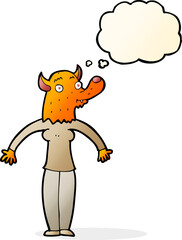 cartoon friendly fox woman with thought bubble