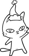 line drawing of a cat staring wearing santa hat