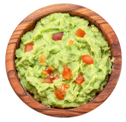 Guacamole bowl on white background. Top view. File contains clipping path.