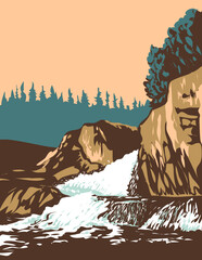 WPA poster art of Cascade River Falls in Pukaskwa National Park located Marathon in Thunder Bay District of northern Ontario, Canada done in works project administration or federal art project style.