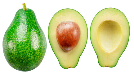 Avocado fruit and halves of avocado isolated on white background. File contains clipping paths.