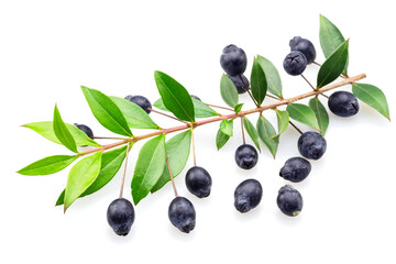 Myrtle branch with leaves and berries isolated on white background.