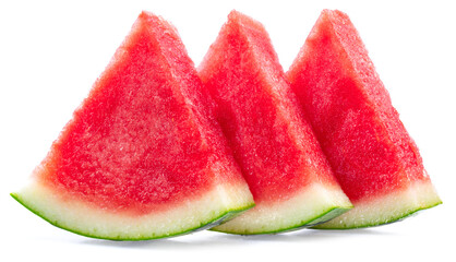 Three slices of watermelon without watermelon seeds isolated on white background.
