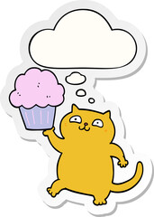 cartoon cat with cupcake and thought bubble as a printed sticker