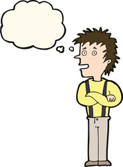 cartoon boy with folded arms with thought bubble