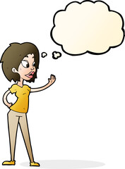 cartoon woman waving with thought bubble