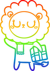 rainbow gradient line drawing cartoon lion with christmas present
