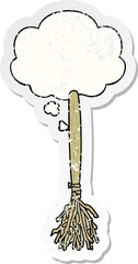 cartoon magic broom and thought bubble as a distressed worn sticker