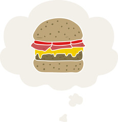 cartoon burger and thought bubble in retro style
