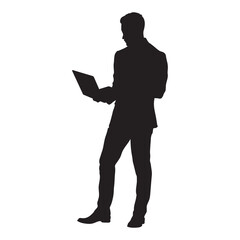 Businessman standing with laptop computer silhouette.