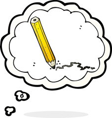 cartoon pencil with thought bubble