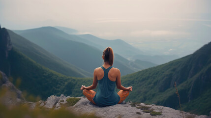Fototapeta premium Young woman meditating on the top of mountain. Generative AI
