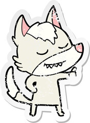 distressed sticker of a friendly cartoon wolf