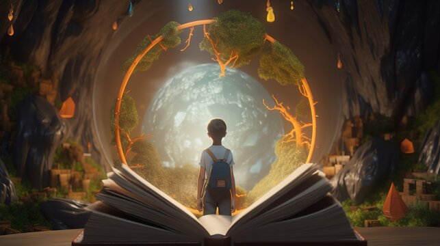 A child with an open magic book explores the world around him