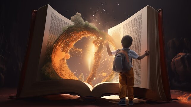 A child with an open magic book explores the world around him