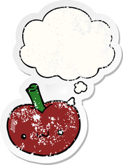 cartoon apple and thought bubble as a distressed worn sticker