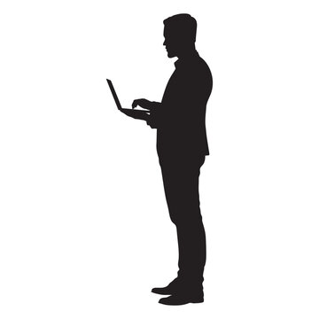 recommend clip art: Man standing and working on laptop silhouette.