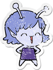 distressed sticker of a cartoon alien girl laughing