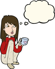 cartoon woman sitting with cup of coffee with thought bubble