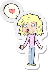 retro distressed sticker of a cartoon woman in love