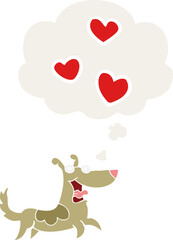 cartoon dog with love hearts and thought bubble in retro style