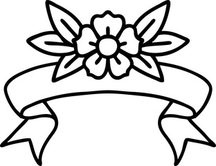 black linework tattoo with banner of a flower