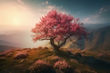Naklejka na ściany i meble Spring landscape among the mountains. A large pink flowering tree in the middle of wild flowers against the background of large mountains at dawn. Generative AI