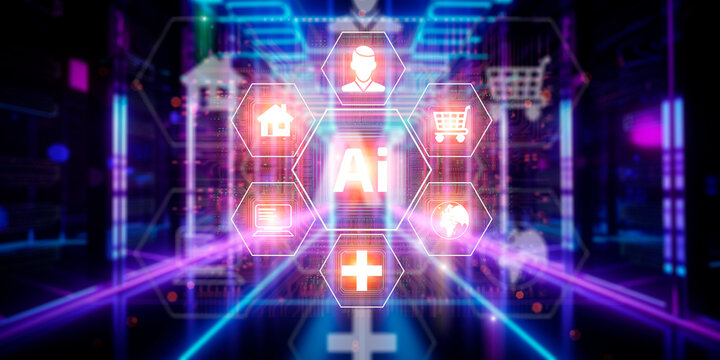Ai technology concept. Man uses holographic interface business analytics and global technology.