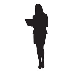 Standing woman in suit working on laptop silhouette.