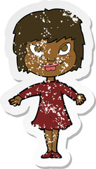 retro distressed sticker of a cartoon girl shrugging shoulders