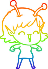 rainbow gradient line drawing cartoon alien girl laughing