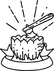 banner with black line work tattoo style axe in tree stump