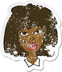 retro distressed sticker of a cartoon woman with bruised face
