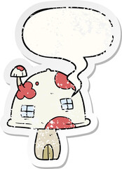 cartoon fairy mushroom house and speech bubble distressed sticker