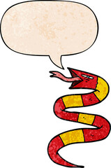 hissing cartoon snake and speech bubble in retro texture style
