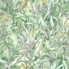 Naklejka na ściany i meble Intricate seamless pattern with green leaves and flowers. Floral background for textile fabric, botanical art. Generative AI