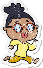 distressed sticker of a cartoon woman wearing spectacles