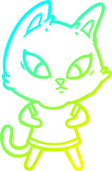 cold gradient line drawing confused cartoon cat in clothes