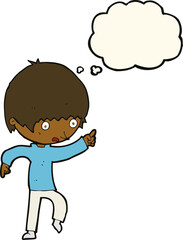 cartoon worried boy pointing with thought bubble