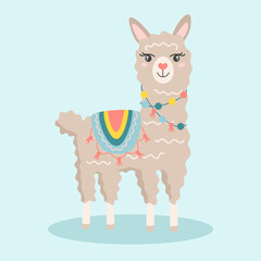 Cute cartoon alpaca wearing knitted blanket