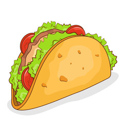 Mexican street food buritto with a chicken, tomato, salad and sauce. Vector flat illustration.