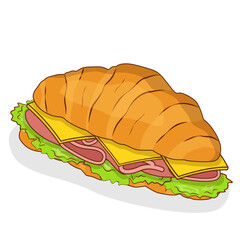 Сroissant with ham cheese and salad. Vector flat illustration.