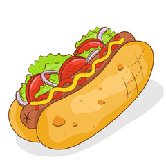 Hot-Dog with tomato and salad. Vector flat illustration.
