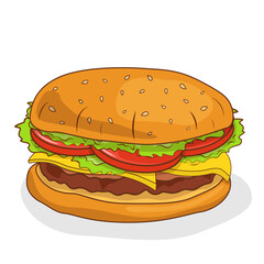 Cheeseburger with a cheese, salad, tomato, beef and bun with sesame. Vector flat illustration.