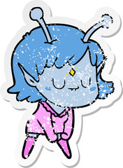 distressed sticker of a cartoon alien girl doing muscle pose