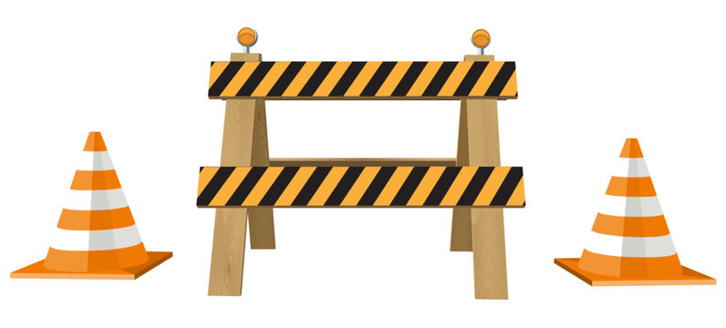 Road barrier with cone vector illustration. Under construction fence concept isolated on white background.