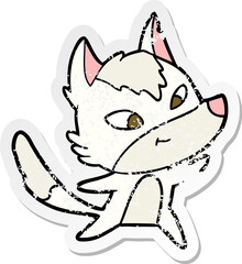 distressed sticker of a friendly cartoon wolf